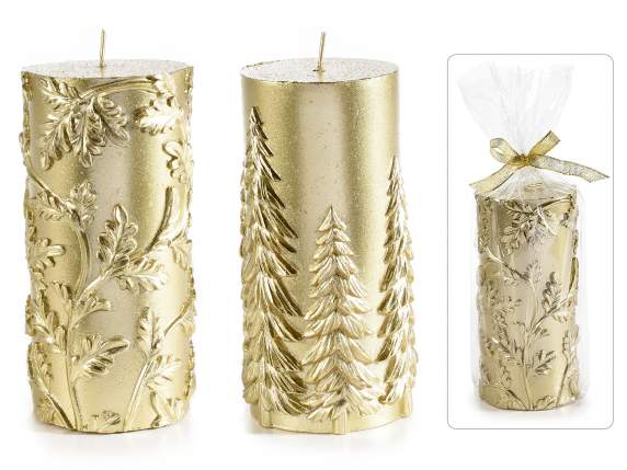 Large golden candle w - embossed decorations in pack. single