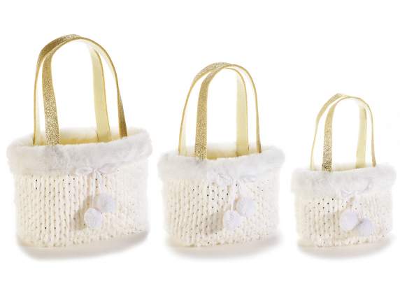 Set of 3 eco-fur bags with golden polka dots and pompoms, gl