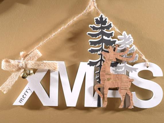 Xmas written in wood with decorations to hang - place