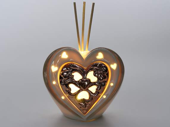 Porcelain heart with LED light and wooden stick perfume