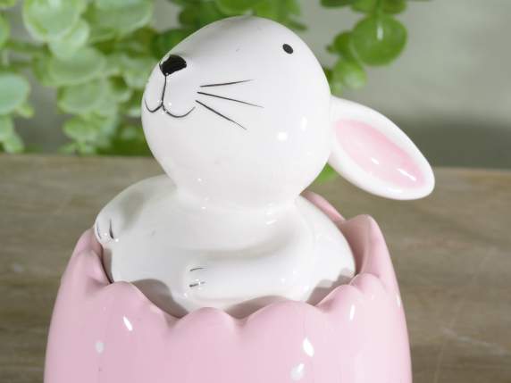 Egg shaped container with bunny in colored ceramic