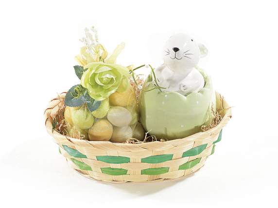 Egg shaped container with bunny in colored ceramic