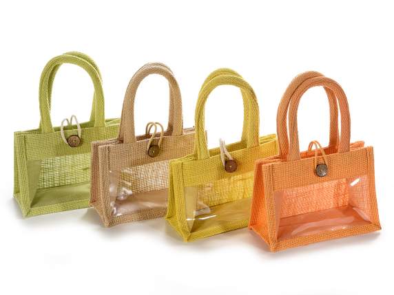 Jute bag with window, rope handles and button closure