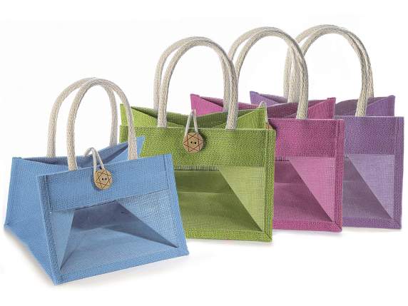 Jute bag with window, rope handles and button closure