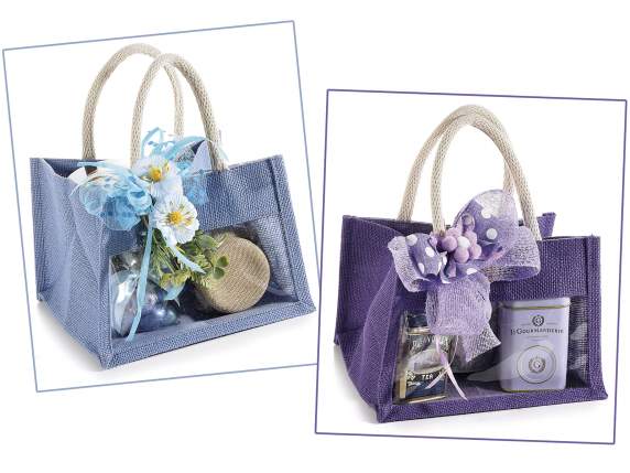 Jute bag with window, rope handles and button closure
