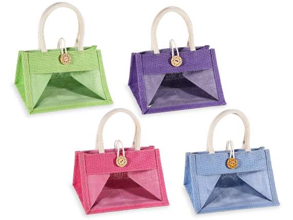 Jute bag with window, rope handles and button closure