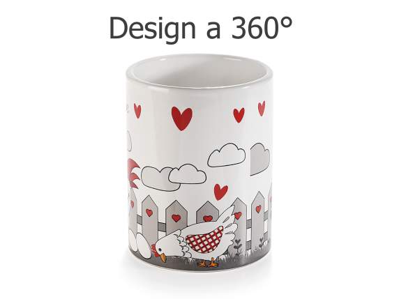 Ceramic utensil holder with chickens in love