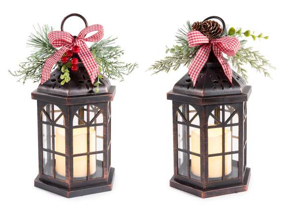 Lantern with LED candle, pine needle bunch and checked bow