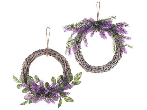 Wooden wreath with artificial lavender to hang