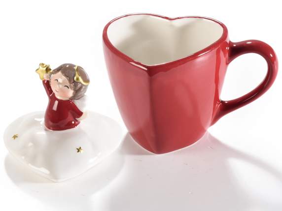 Heart-shaped ceramic mug with lid with angel and stars