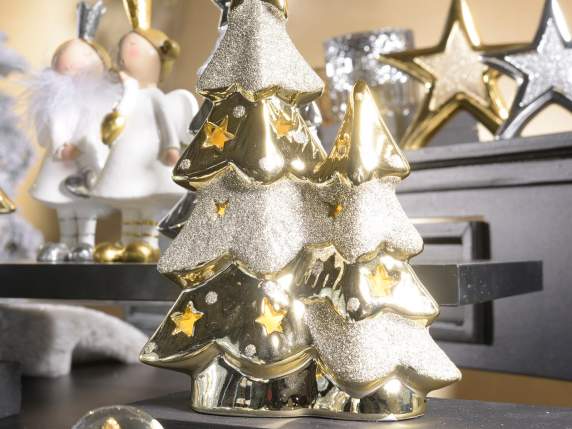 Set of 2 glitter porcelain Christmas trees with LED lights