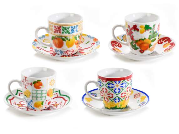 Set of 4 decorated porcelain cups with metal display saucer
