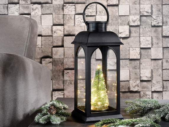 Metal effect lantern with tree and LED lights