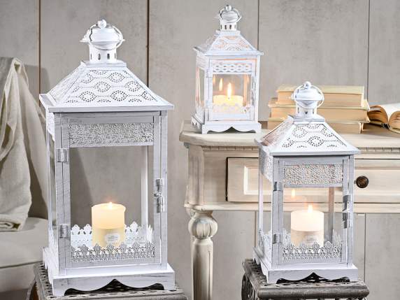 Set of 3 square base lanterns in white metal with carvings