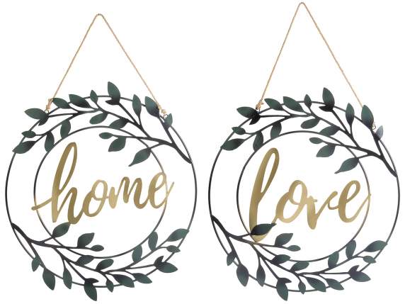 Metal wreath with leaves and writing to hang