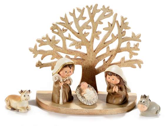 Set of 5 Nativity Scene figurines in resin, tree