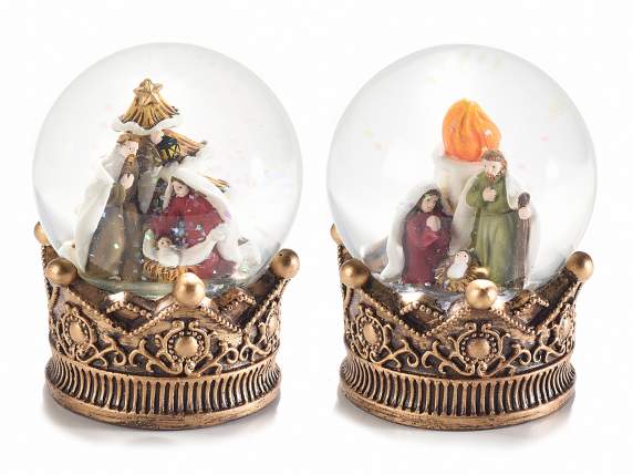 Snow globe with resin Nativity scene on crown base