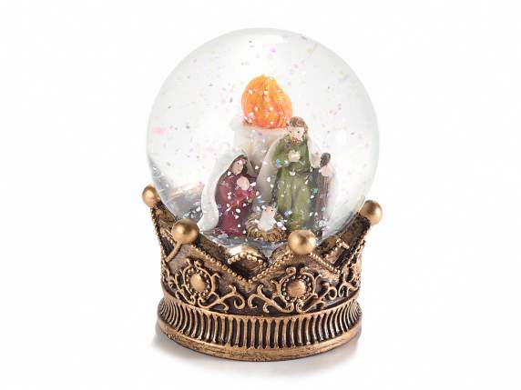 Snow globe with resin Nativity scene on crown base