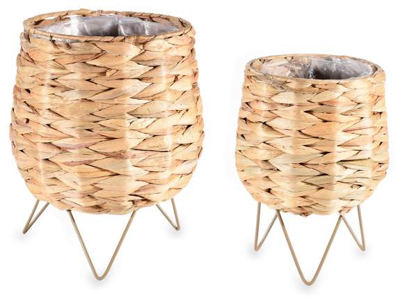 Set of 2 woven natural fiber vases with metal legs