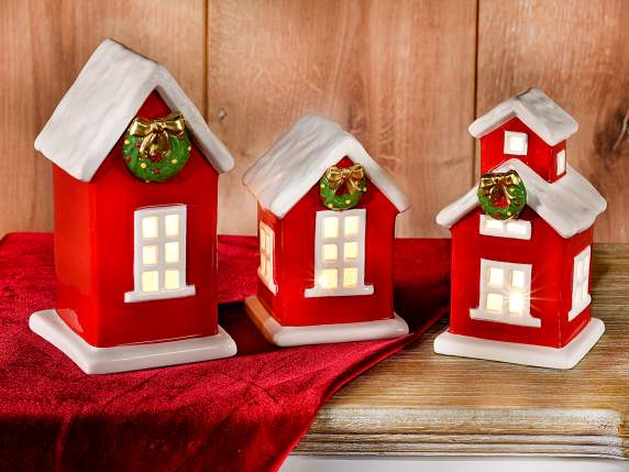 Set of 3 ceramic houses with LED lights to stand on