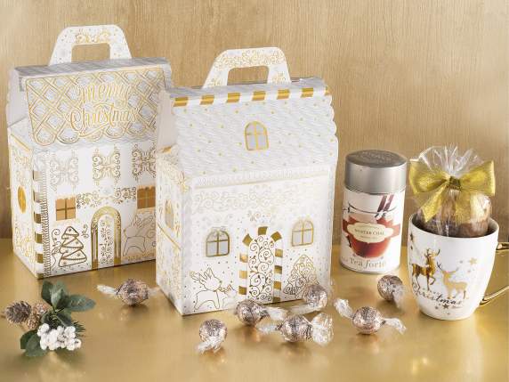 House paper box w - handle and shiny gold-like decorations