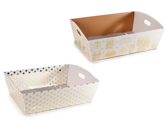 Large white paper tray with handles and gold decorations