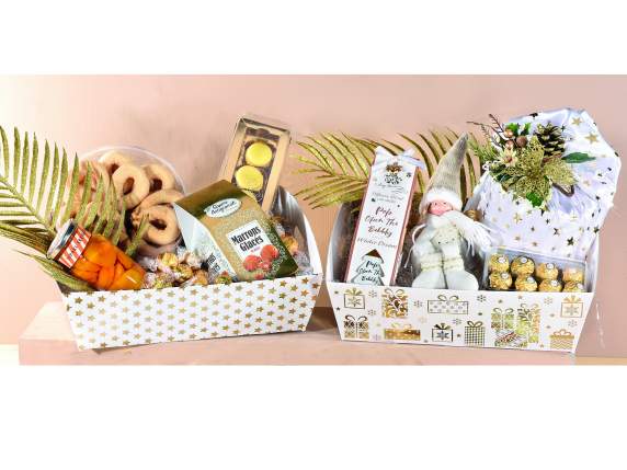 Large white paper tray with handles and gold decorations