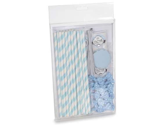 18-piece party favor kit with stick, tag and blue bow