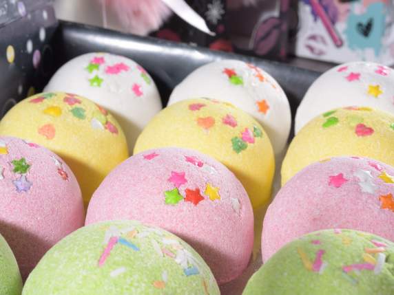 Scented and colored bath bomb in display