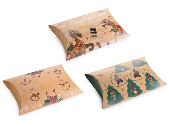 Natural paper pillow box w - Vintage Christmas print