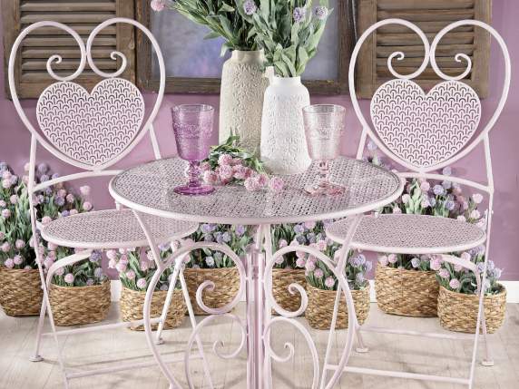 Garden table and 2 chairs set in pink perforated metal