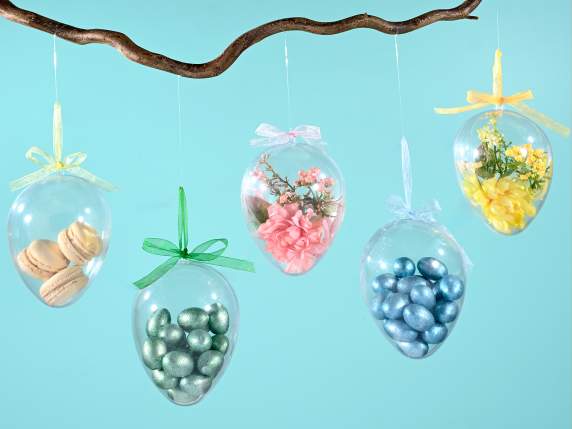 Clear plastic egg openable with hanging ribbon