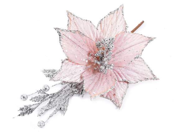 Pink fabric poinsettia with glitter and silver berries