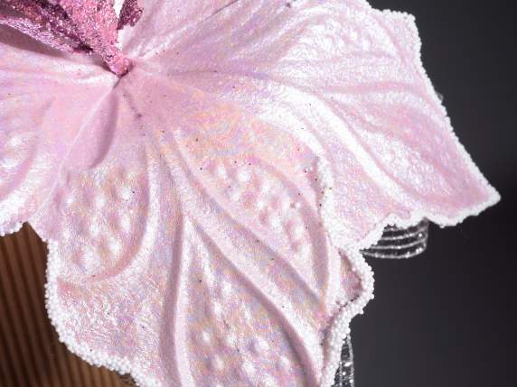 Pink fabric poinsettia with glitter and silver berries