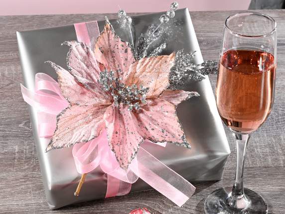 Pink fabric poinsettia with glitter and silver berries