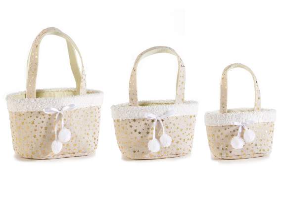 Set of 3 fabric bags with golden decorations and pompoms