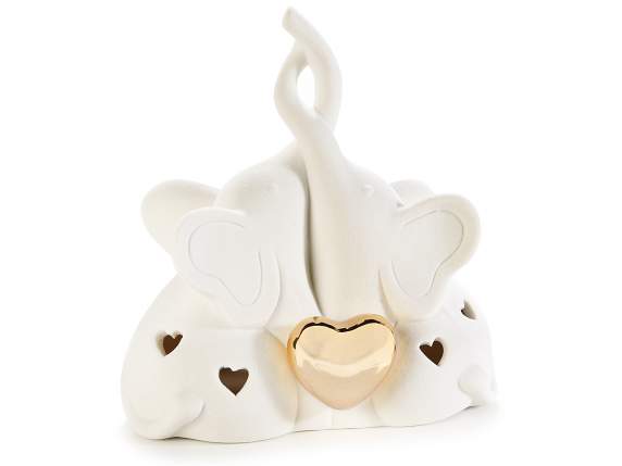 Pair of porcelain elephants w - led light and golden heart