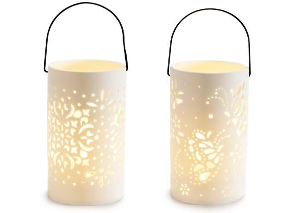 Opaque porcelain lantern with light carvings and handle