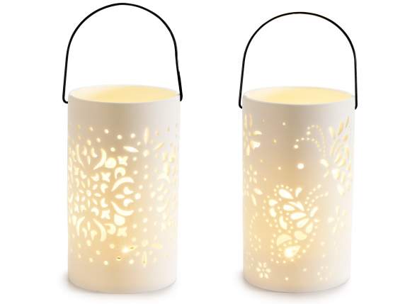 Opaque porcelain lantern with carved decorations, lights and