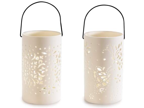 Opaque porcelain lantern with carved decorations, lights and