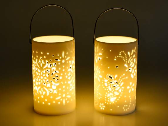 Opaque porcelain lantern with light carvings and handle