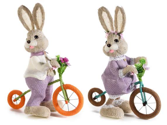 Natural fiber bunny on bicycle with flowers