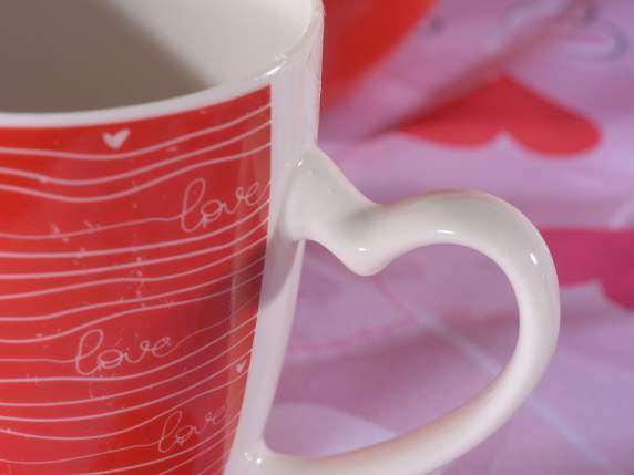 Porcelain mug with decorations and heart-shaped handle