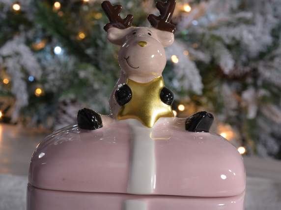 Colored ceramic jar with bow and reindeer w - star