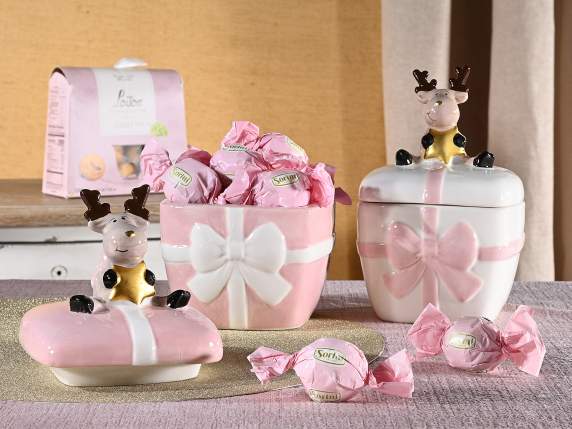 Colorful ceramic jar with bow and reindeer with star