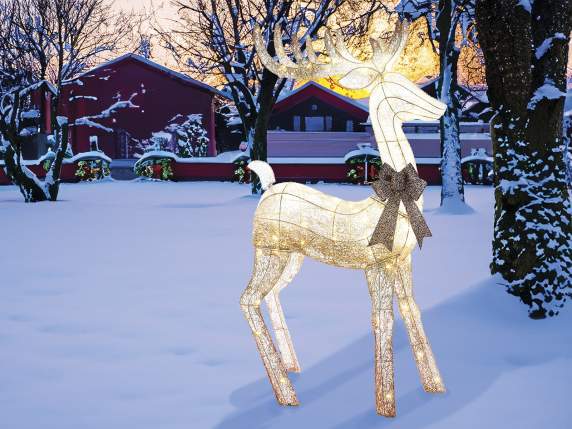 Metal reindeer with glitter, bow and warm white LED lights