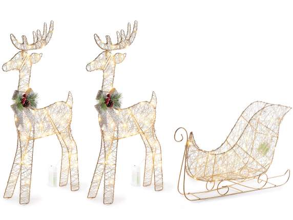 Set of 2 reindeer, gold metal sleigh and warm white LED