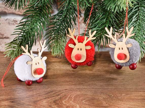 Wooden and chenille reindeer with red nose to hang