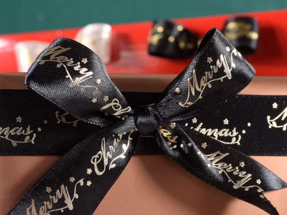 25mm Satin Ribbon with Gold Christmas Print