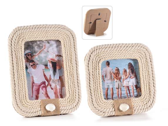Set of 2 wooden photo frames with rope and shell decorations